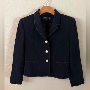 Albert Nipon Black Blazer with White Stitching and Tan Buttons